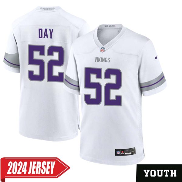 Sheldon Day No 52 Youth’S Minnesota Vikings White Alternate Custom Game 2024 Jersey