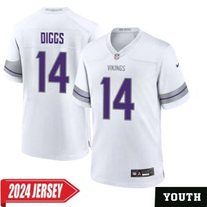Stefon Diggs No 14 Youth’s Minnesota Vikings White Alternate Custom Game 2024 Jersey