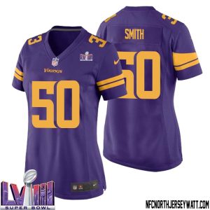 T.J. Smith No 50 Minnesota Vikings Super Bowl LVIII Alternate Game Jersey Purple for Women – Replica