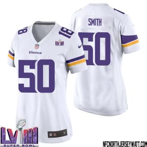 T.J. Smith No 50 Minnesota Vikings Super Bowl LVIII Away Game Jersey White for Women – Replica