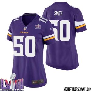 T.J. Smith No 50 Minnesota Vikings Super Bowl LVIII Home Game Jersey Court Purple for Women – Replica