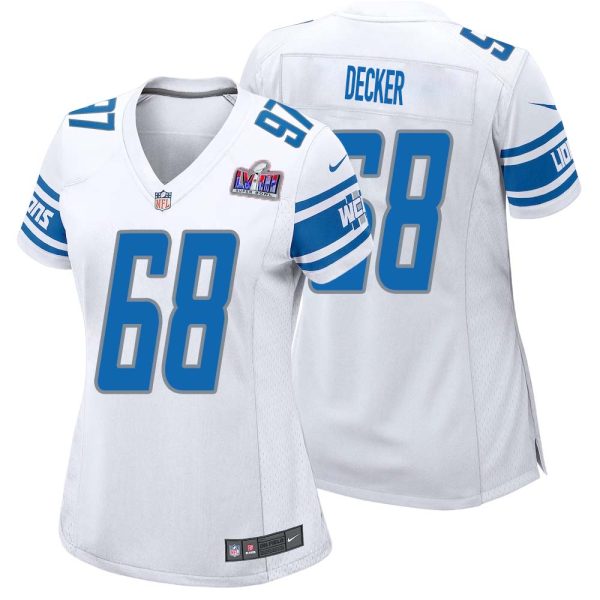 Taylor Decker No 68 Womens Custom White Detroit Lions Super Bowl Lviii Away Game Jersey