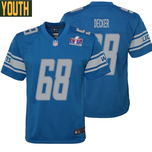 Taylor Decker No 68 Youths Custom Blue Detroit Lions Super Bowl Lviii Player Home Game Jersey
