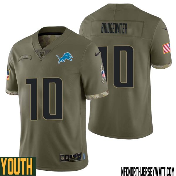 Teddy Bridgewater No 10 Youth Olive Detroit Lions 2022 Salute To Service Retired Player Limited Jersey – Replica