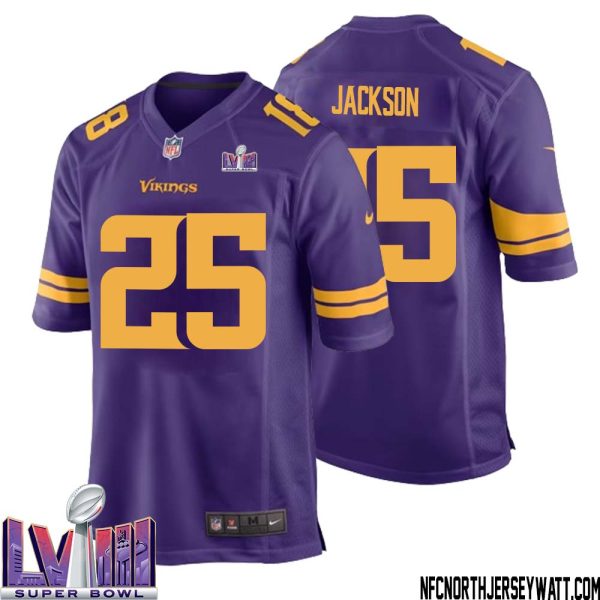 Theo Jackson No 25 Minnesota Vikings Super Bowl Lviii Alternate Game Jersey Purple For Men – Replica