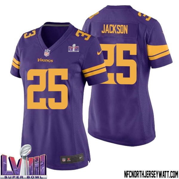 Theo Jackson No 25 Minnesota Vikings Super Bowl Lviii Alternate Game Jersey Purple For Women – Replica