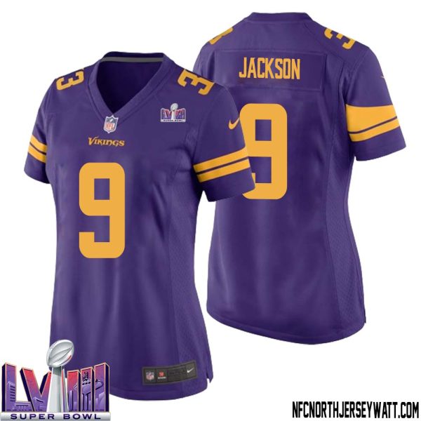 Trishton Jackson No 9 Minnesota Vikings Super Bowl LVIII Alternate Game Jersey Purple for Women – Replica