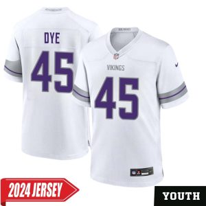 Troy Dye No 45 Youth’s Minnesota Vikings White Alternate Custom Game 2024 Jersey