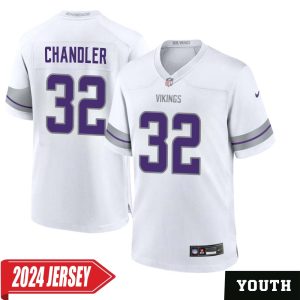 Ty Chandler No 32 Youth’s Minnesota Vikings White Alternate Custom Game 2024 Jersey