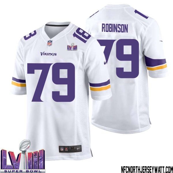 Tyrese Robinson No 79 Minnesota Vikings Super Bowl Lviii Away Game Jersey White For Men – Replica
