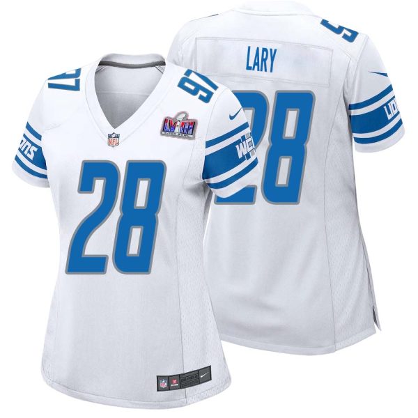 Yale Lary No 28 Womens Custom White Detroit Lions Super Bowl Lviii Away Game Jersey