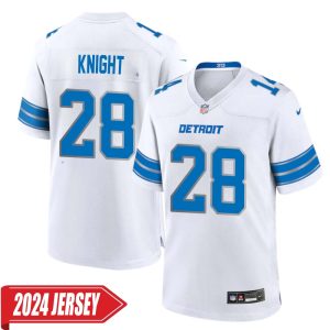 Zonovan Knight No 28 Men’s Detroit Lions Away Game 2024 Jersey – White