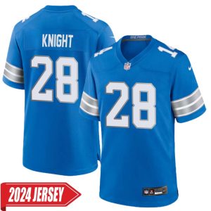 Zonovan Knight No 28 Men’s Detroit Lions Home Game 2024 Jersey – Blue
