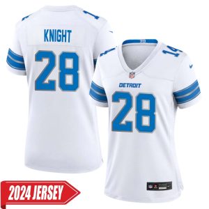 Zonovan Knight No 28 Woman’s Detroit Lions Away Game 2024 Jersey – White