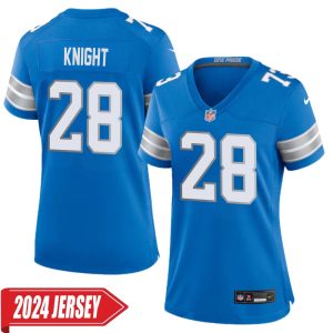 Zonovan Knight No 28 Woman’s Detroit Lions Home Game 2024 Jersey – Blue