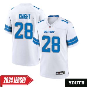 Zonovan Knight No 28 Youth’s Detroit Lions Away Game 2024 Jersey – White