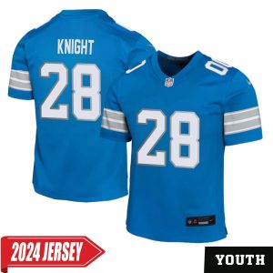 Zonovan Knight No 28 Youth’s Detroit Lions Home Game 2024 Jersey – Blue