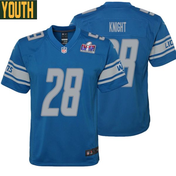 Zonovan Knight No 28 Youths Custom Blue Detroit Lions Super Bowl Lviii Player Home Game Jersey